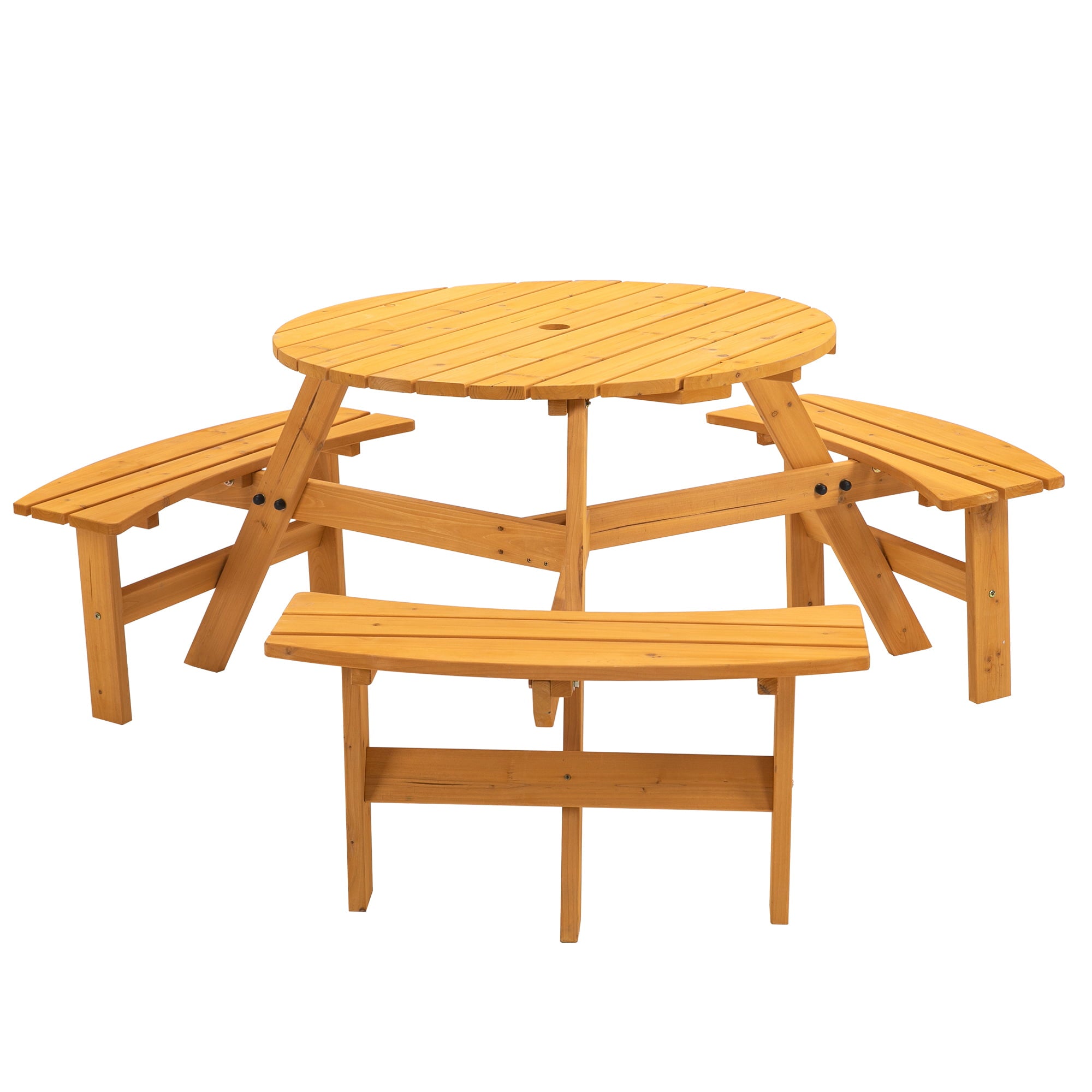 6-Person Circular Outdoor Wooden Picnic Table with 3 Built-in Benches， Natural