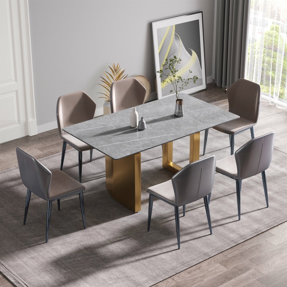 63 Inch Artificial Stone Rectangle Metal Leg Dining Table for 6