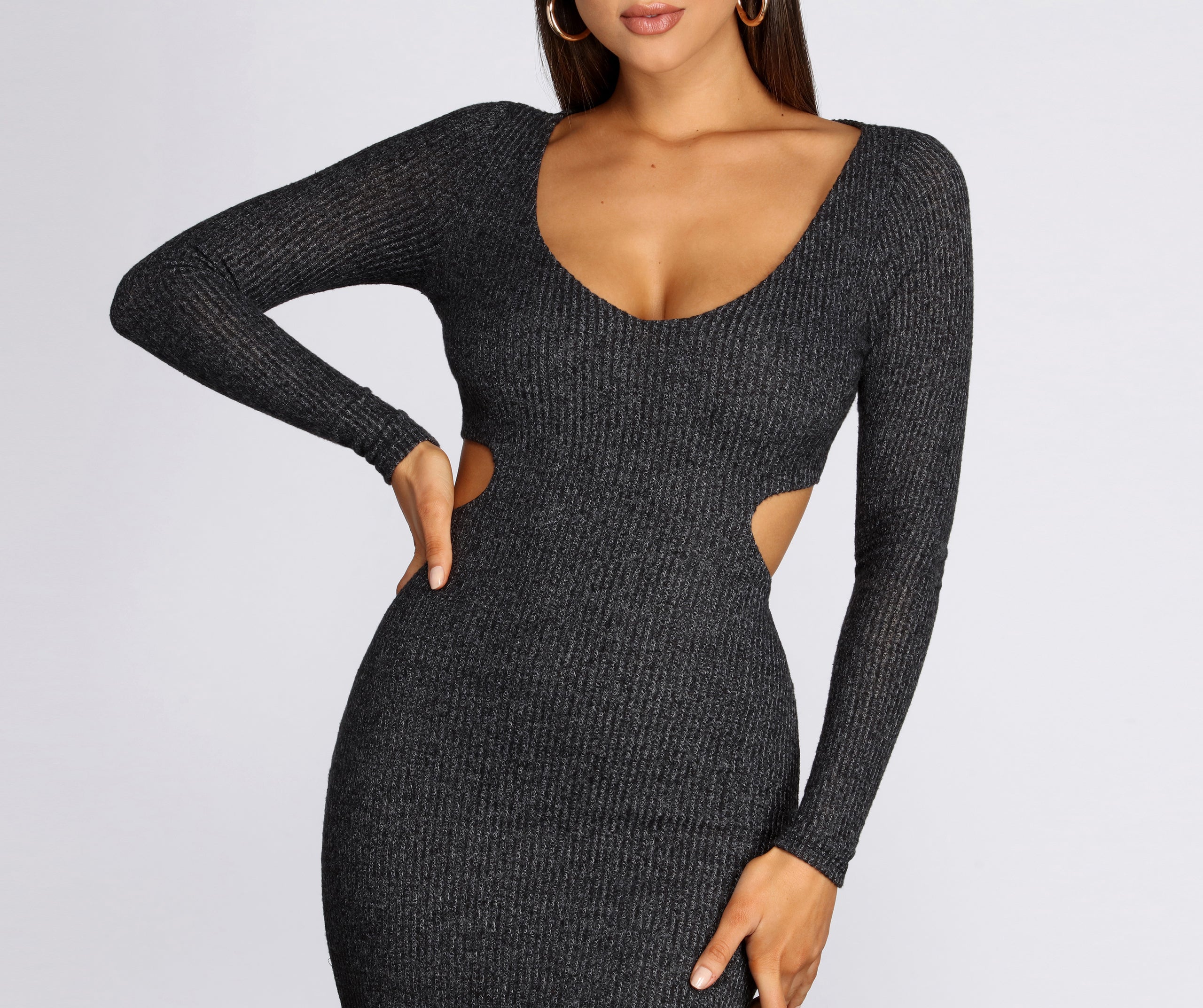 Ribbed Knit Cut Out Midi Dress