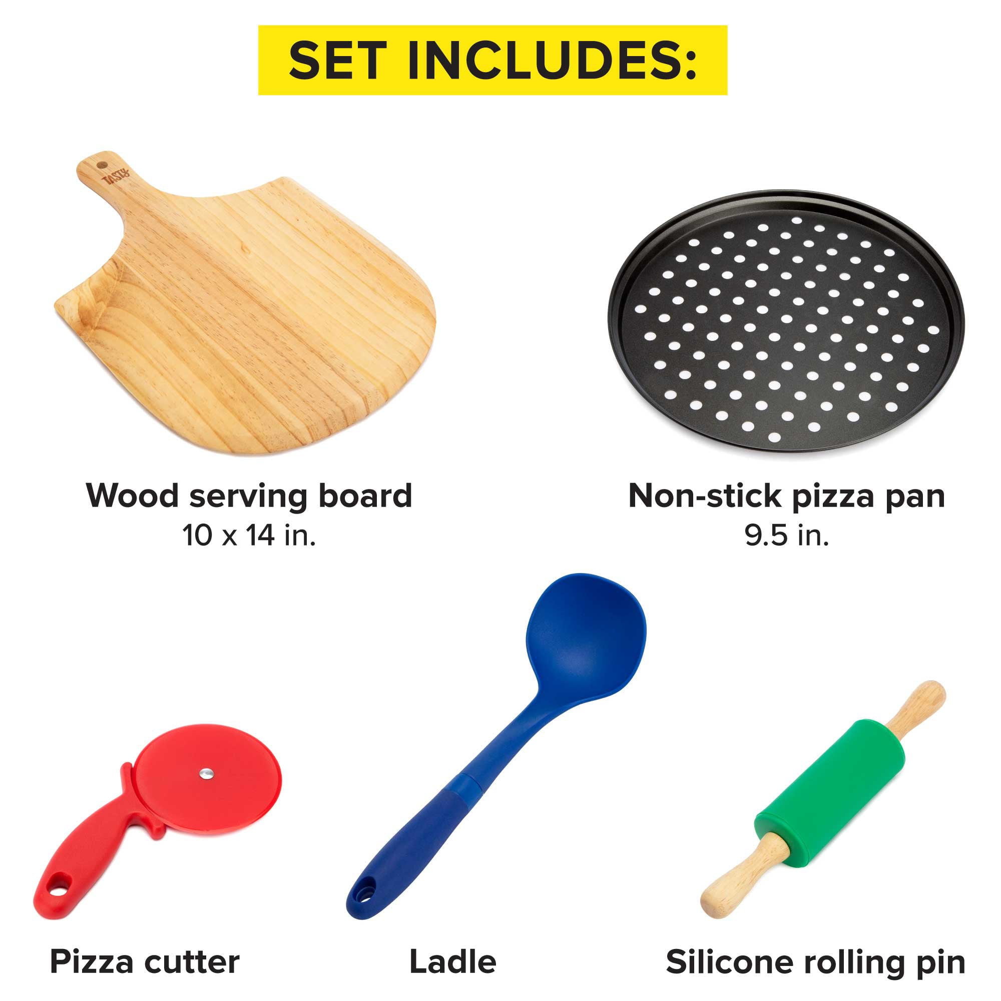 Tasty Kits Pizza Gadget Set, Includes Non-Stick Pizza Pan, Wood Serving Board, and Real Kid-Safe Cooking Tools, Multi-color, 5 Piece