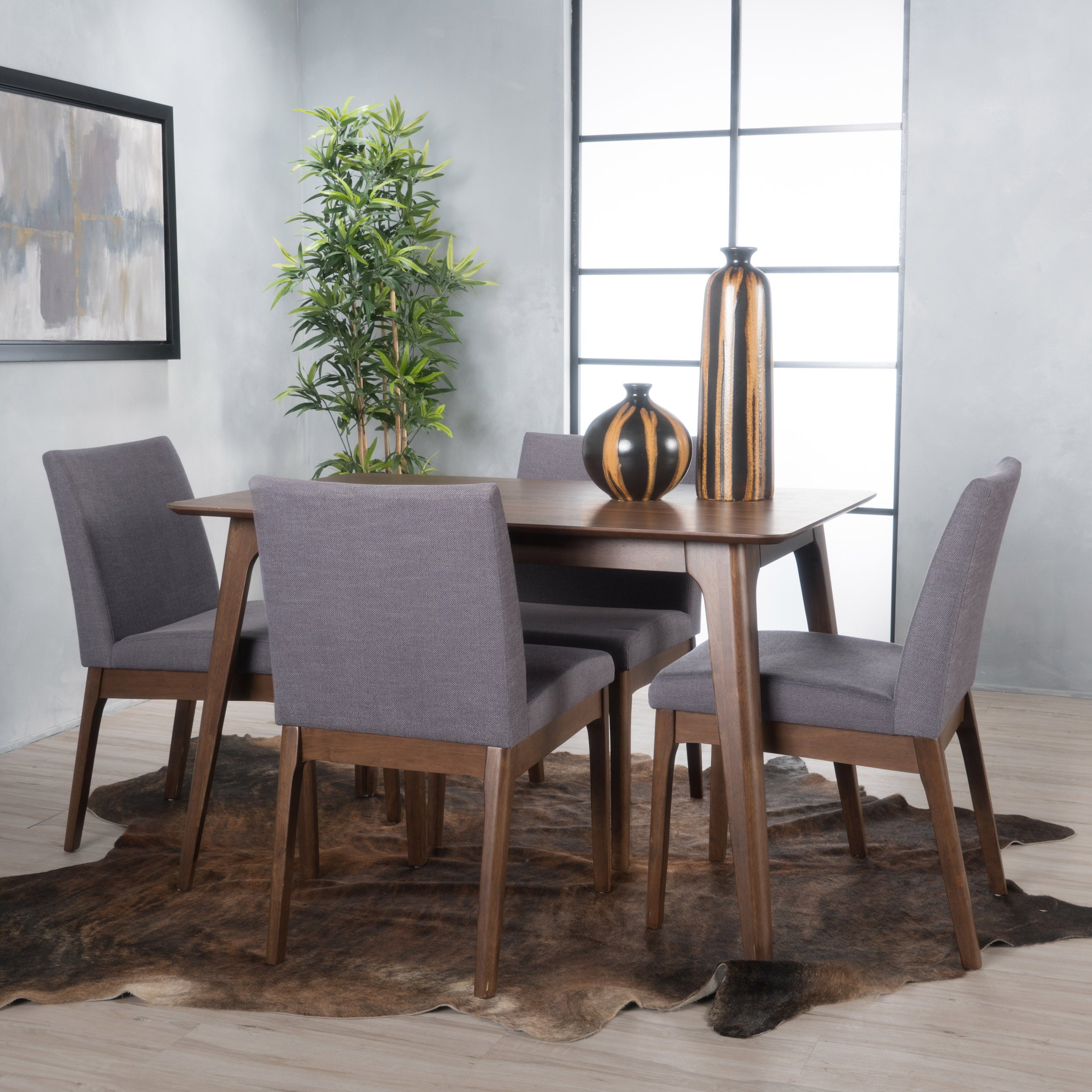 Noble House Caruso Mid-Century Modern 5 Piece Dining Set, Dark Gray and Walnut