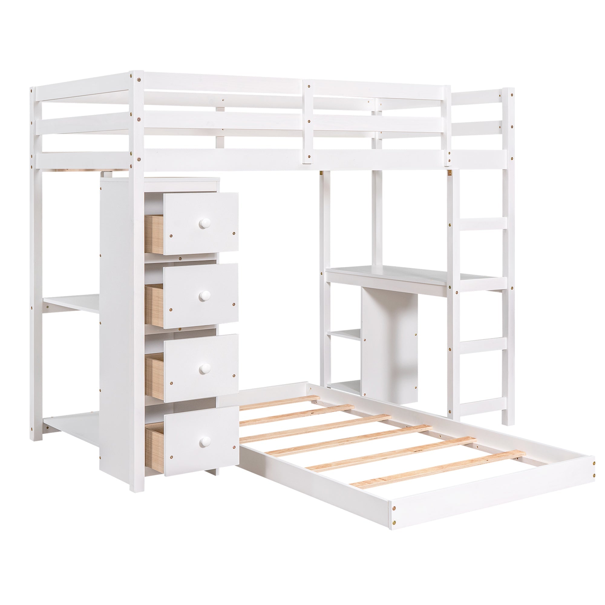 Euroco Twin over Twin Loft Bed with Drawers for Kids, White