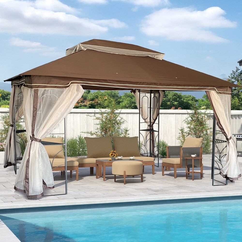 Coffee Ventilated 13x10 ft Gazebo with Removable Mesh  Double Roof