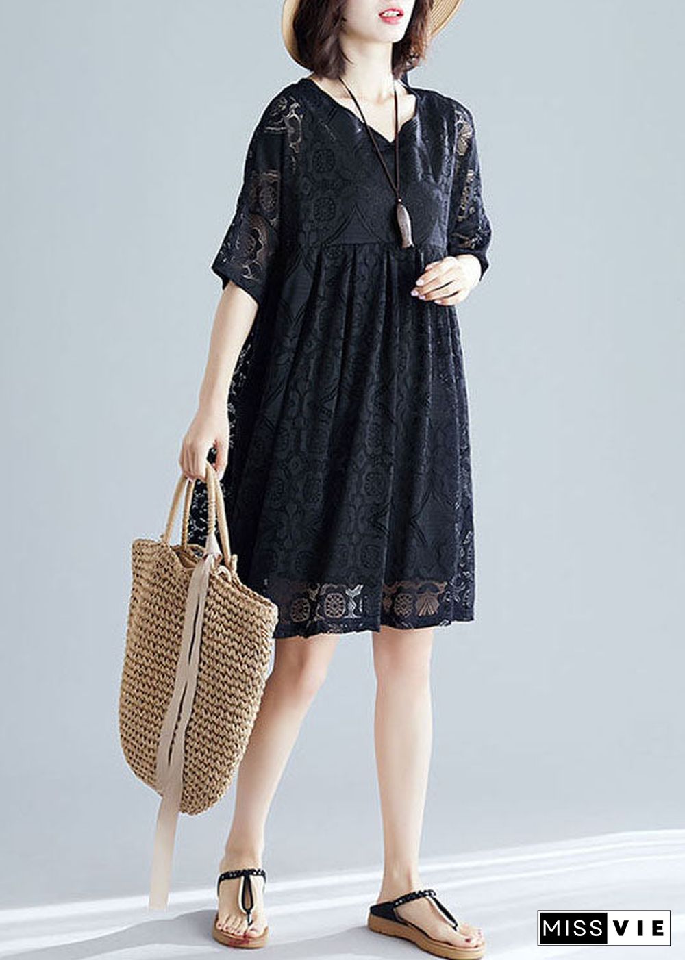 Black V Neck Wrinkled Exra Large Hem Lace A Line Dress Short Sleeve