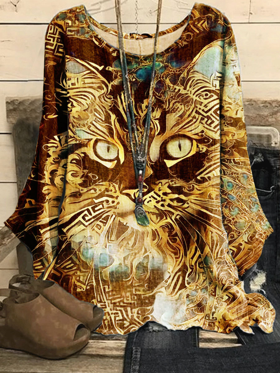 Round Neck Casual Loose Bronzing Cat Print Long-sleeved Blouse