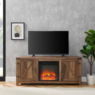 Walker Edison Furniture Company Barnwood Collection 58 in. Rustic Oak TV Stand fits TV up to 65 in. with Barn Doors and Electric Fireplace HD58FPBDRO