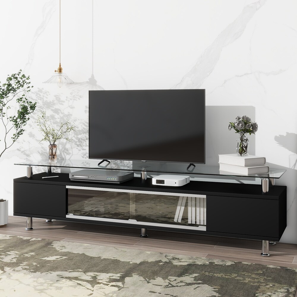 TV Console Table Tempered Glass Sliding Glass Door Media Console with Sliding Glass Door for TV Up to 70\