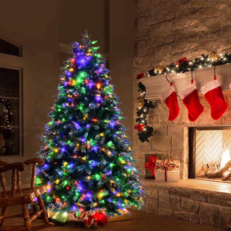 5/6/7/9FT Snowy Leaves Pre-Lit Hinged Artificial Christmas Tree with 11 Flash Modes & Multi-Color Lights