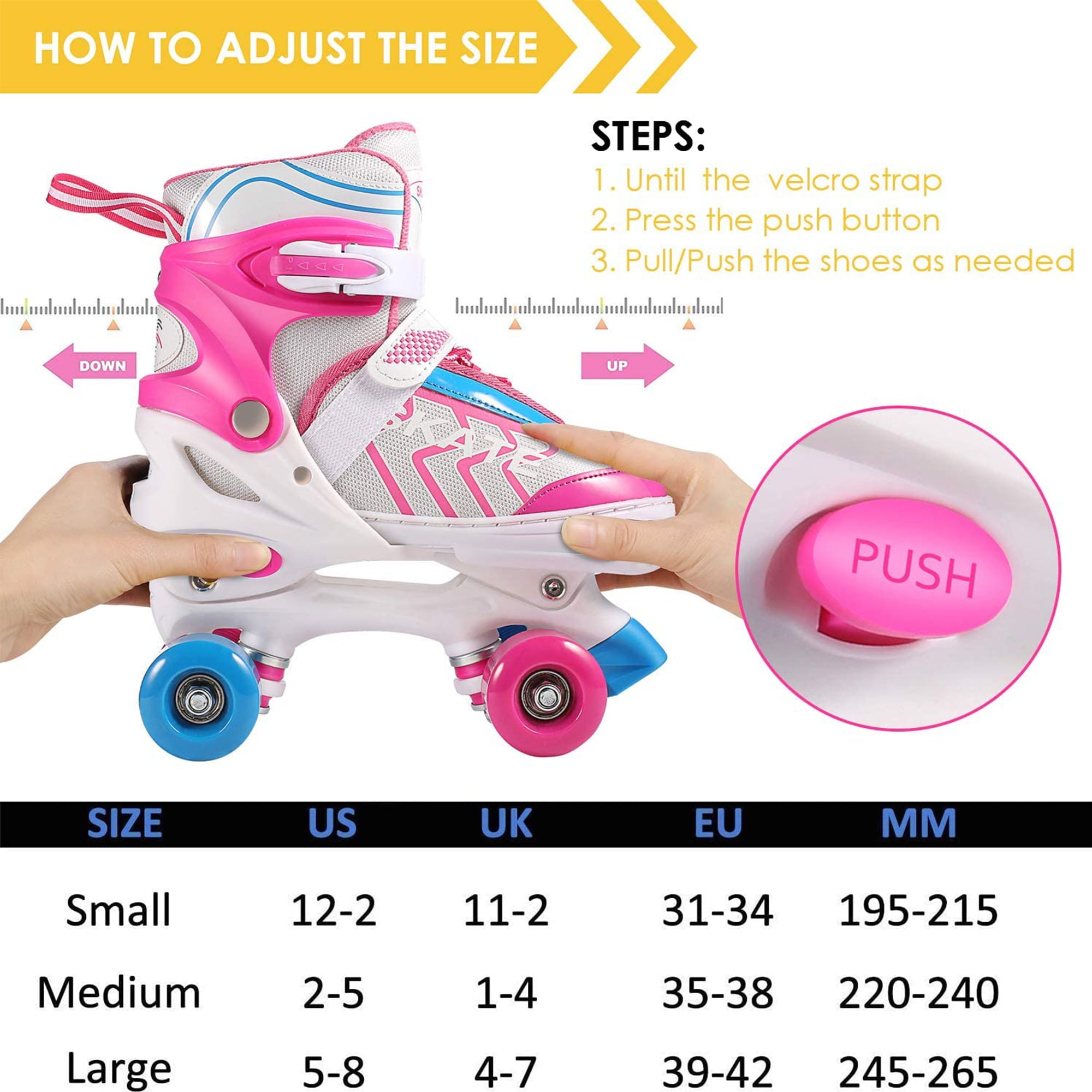 Kids Roller Skates Adjustable Pink M Size Comfortable Breathable and PVC Quad Roller Skates Suitable for Boys and Girls/Beginners Indoor and Outdoor