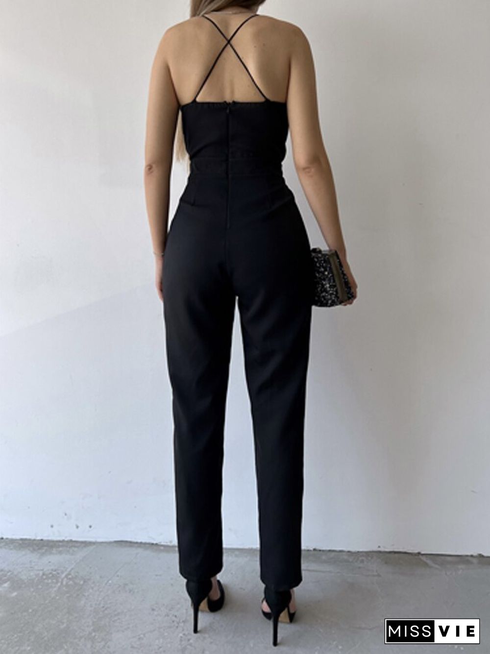 Women Sling Jumpsuits Casual Solid Sleeveless Party Club Long Pencil Pants Rompers Backless V Neck Off Shoulder Elegant Overalls