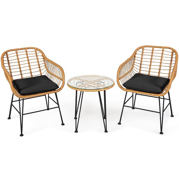 Costway 3PCS Patio Rattan Bistro Furniture Set Cushioned Chair Table