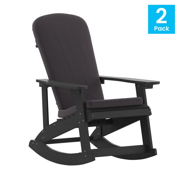 Savannah Set of 2 All-Weather Poly Resin Wood Adirondack Rocking Chairs in Black with Gray Cushions for Deck， Porch， and Patio