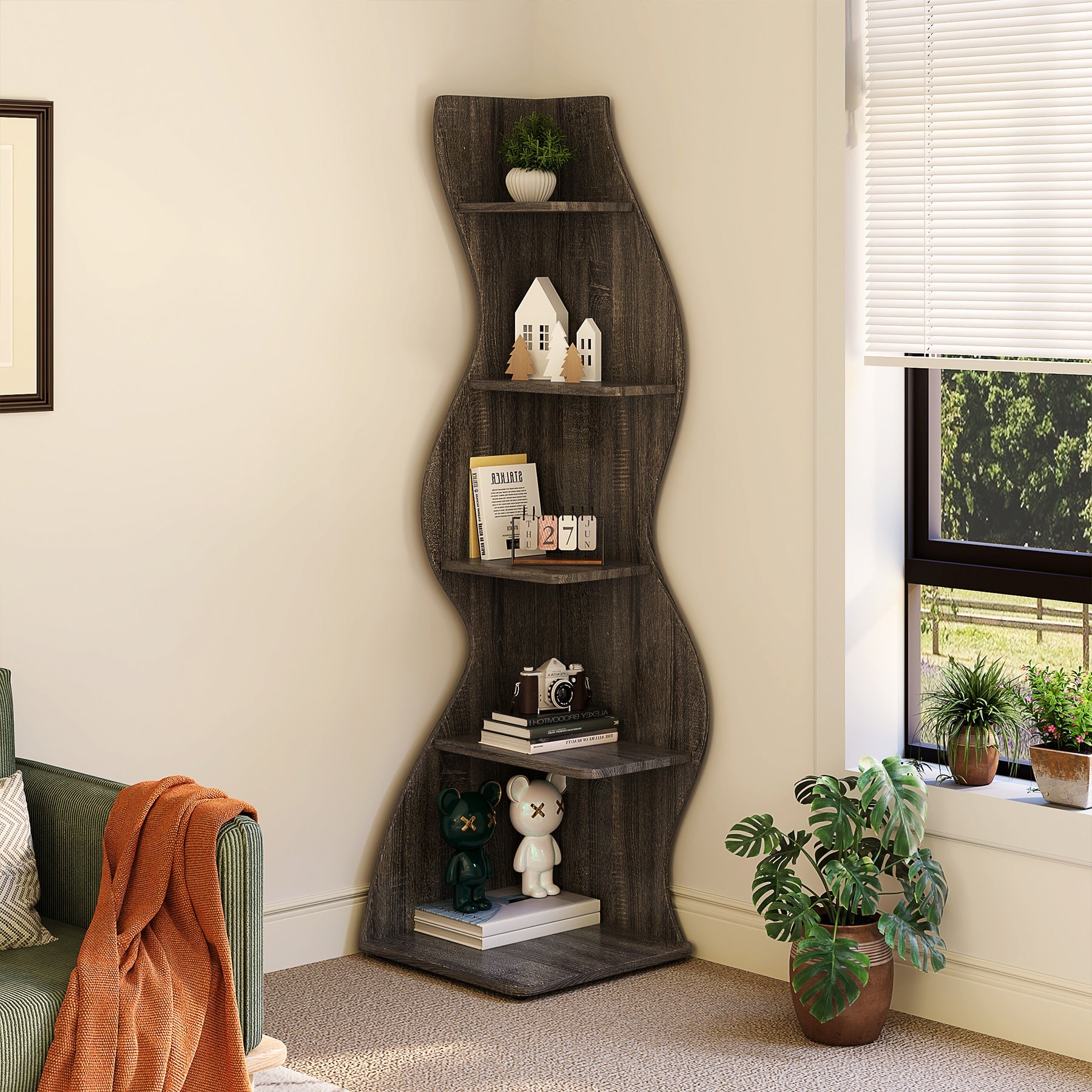 5-Tier Corner Shelf, Modern Wall Corner Bookshelf Bookcase