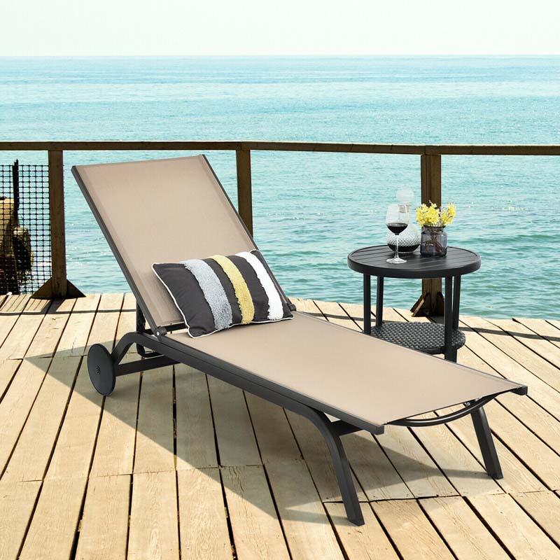 Aluminum Patio Chaise Lounge Chair with Wheels, 6-Position Fabric Outdoor Sun Lounger for Pool Beach Deck Yard