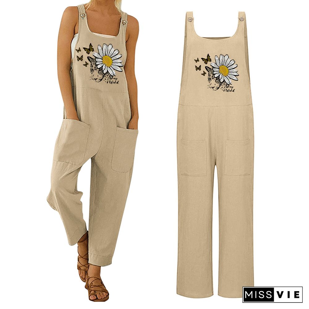 Women Causal Baggy Overalls Jumpsuit With Pockets Boho Pants Ladies Wide Leg Floral Loose Suspender Trousers Romper