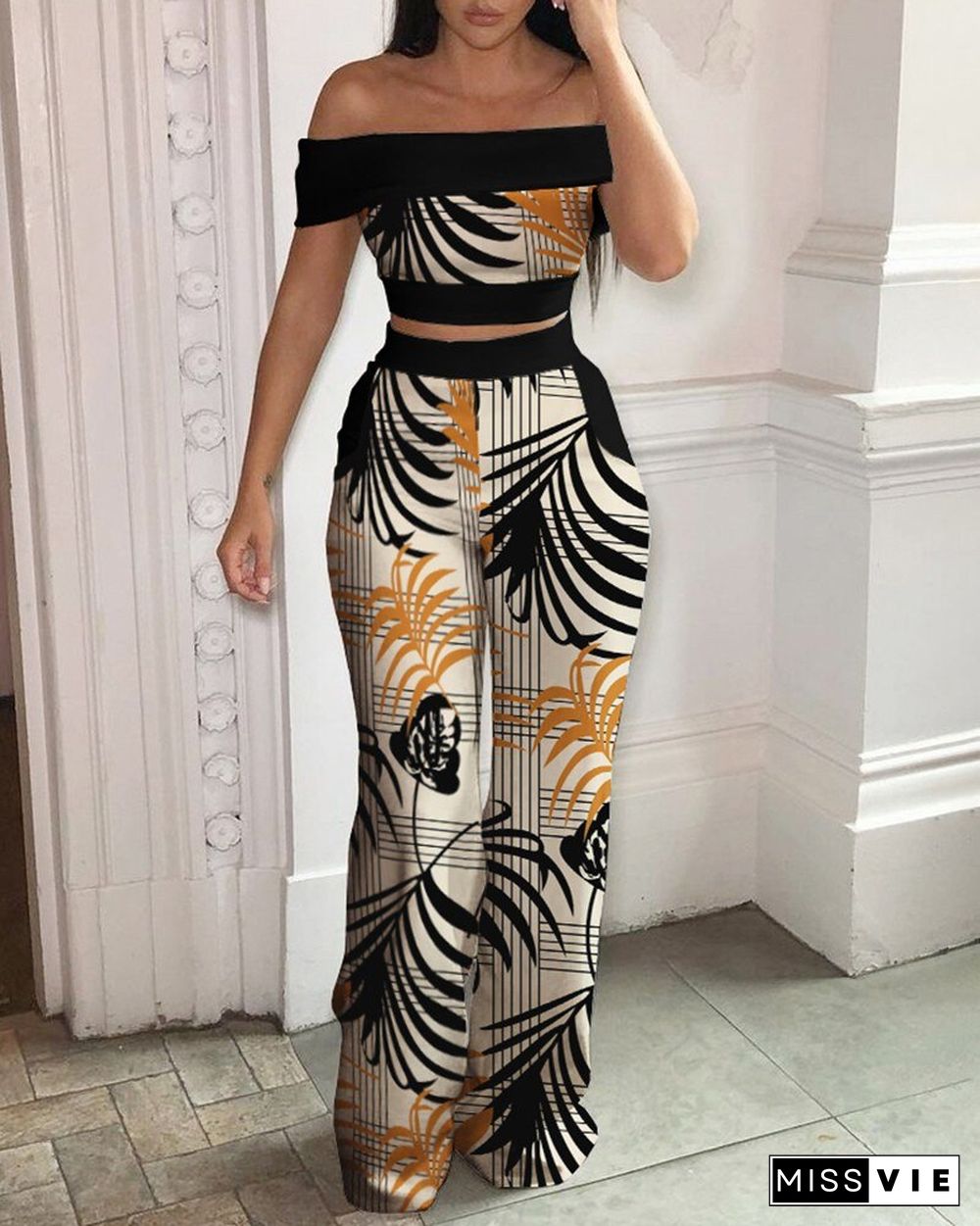 Tropical Print Off Shoulder Top & High Waist Pants Set