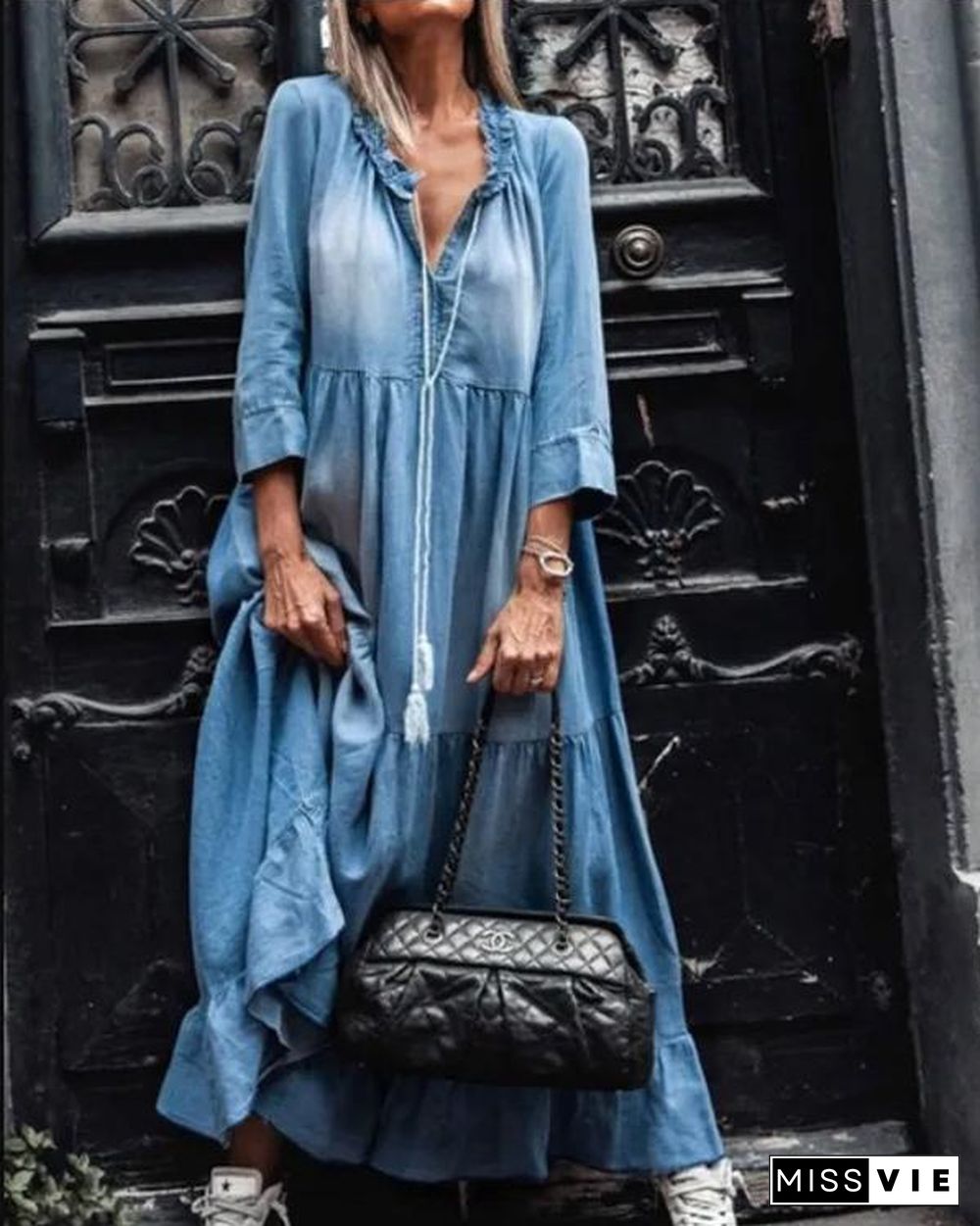 3/4 Sleeve Long Denim Dress