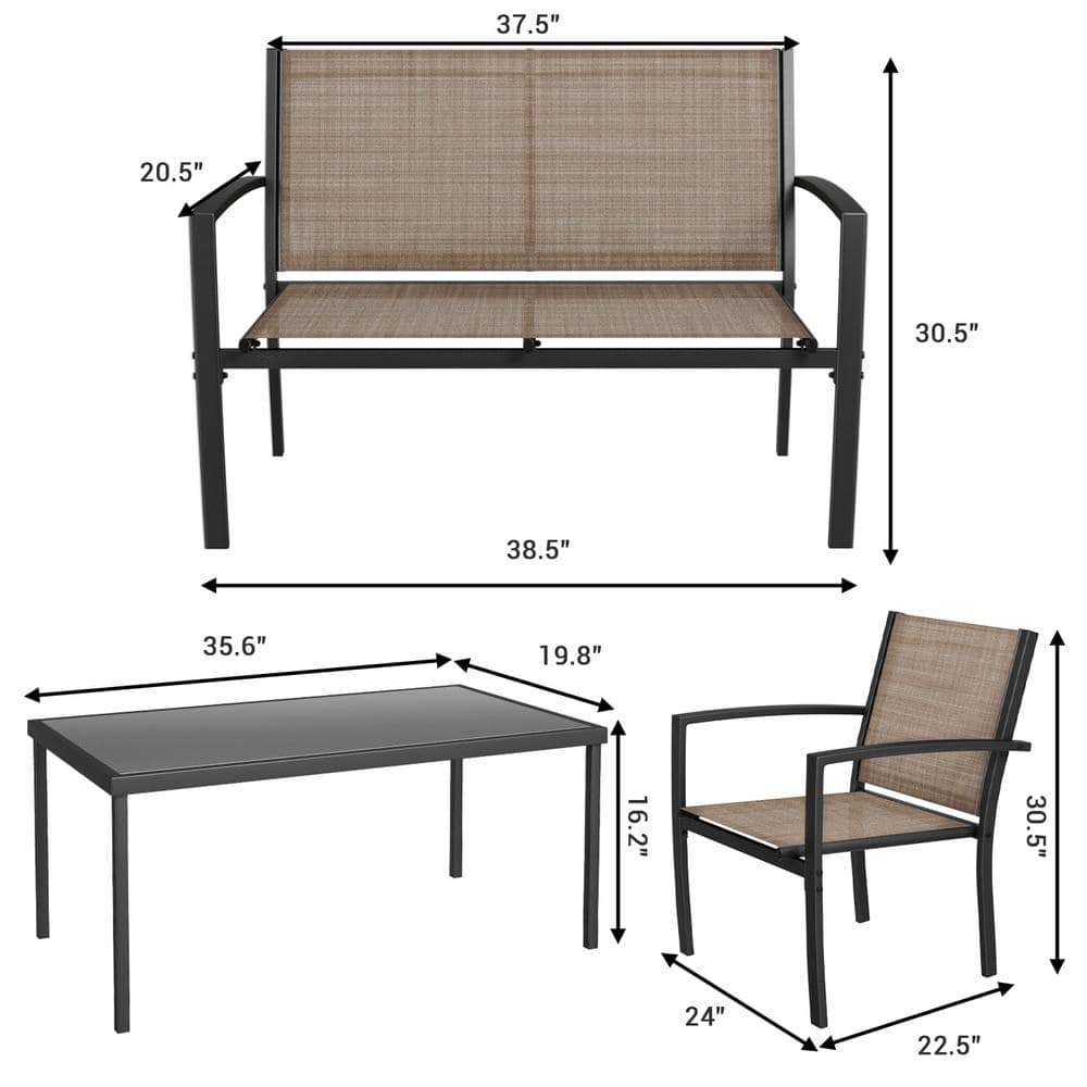 Tozey Brown 4-Piece Metal Outdoor Bistro Set Patio Conversation Set Glass Coffee Table T-LCT901D8