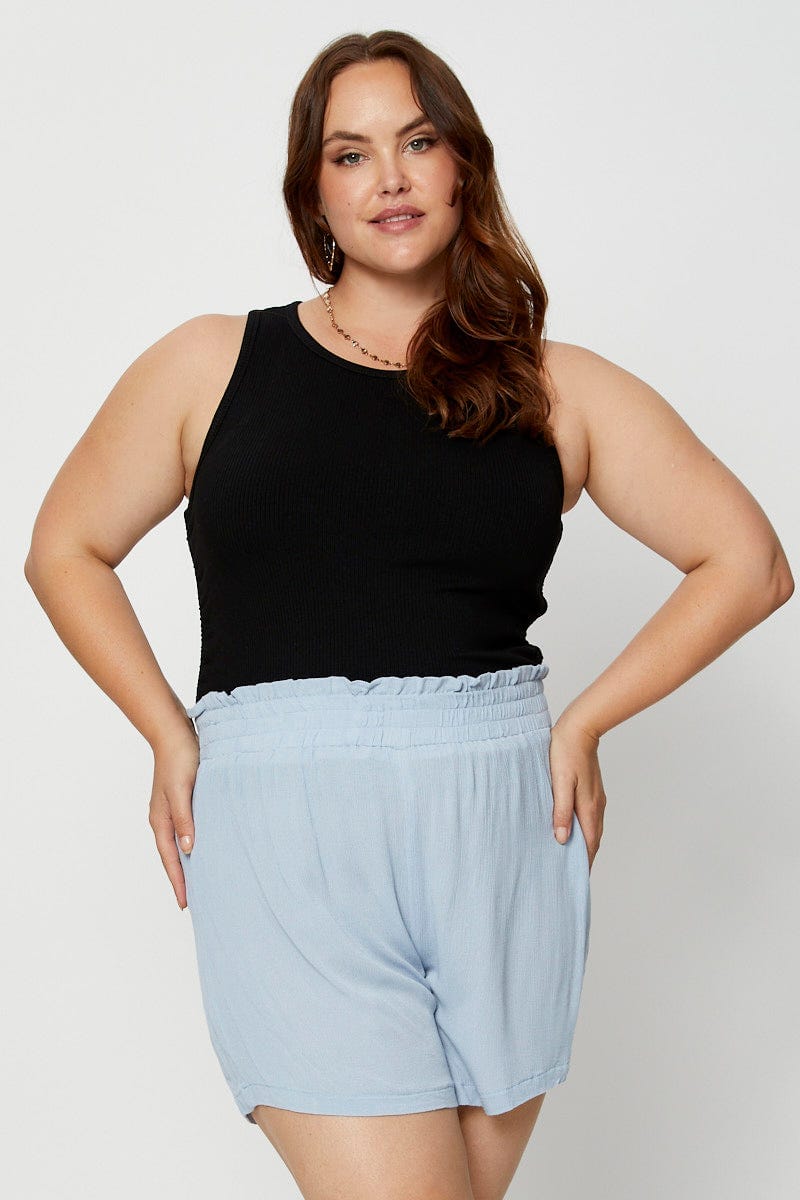 Blue Shorts High Rise Shirred Waist