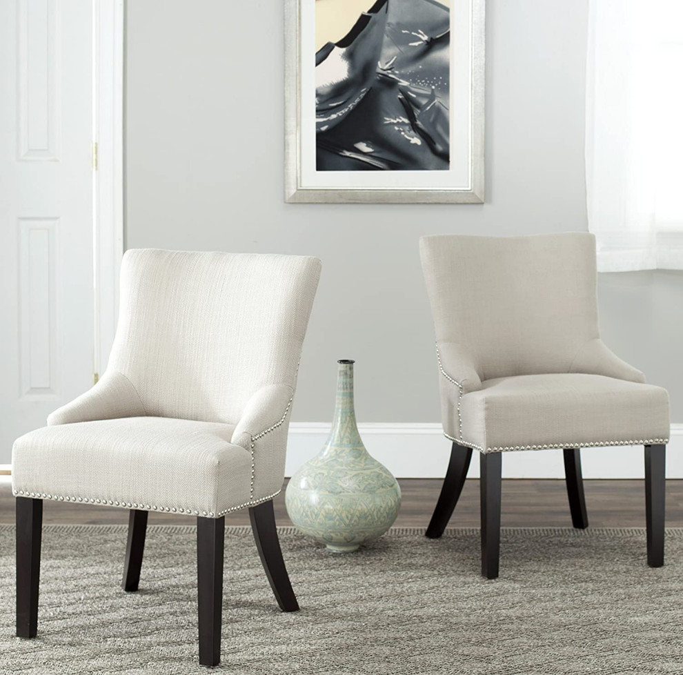 Set of 2 Dining Chair  Padded Seat With Curved Back and Nailhead Trim  Beige   Transitional   Dining Chairs   by Declusia  Houzz