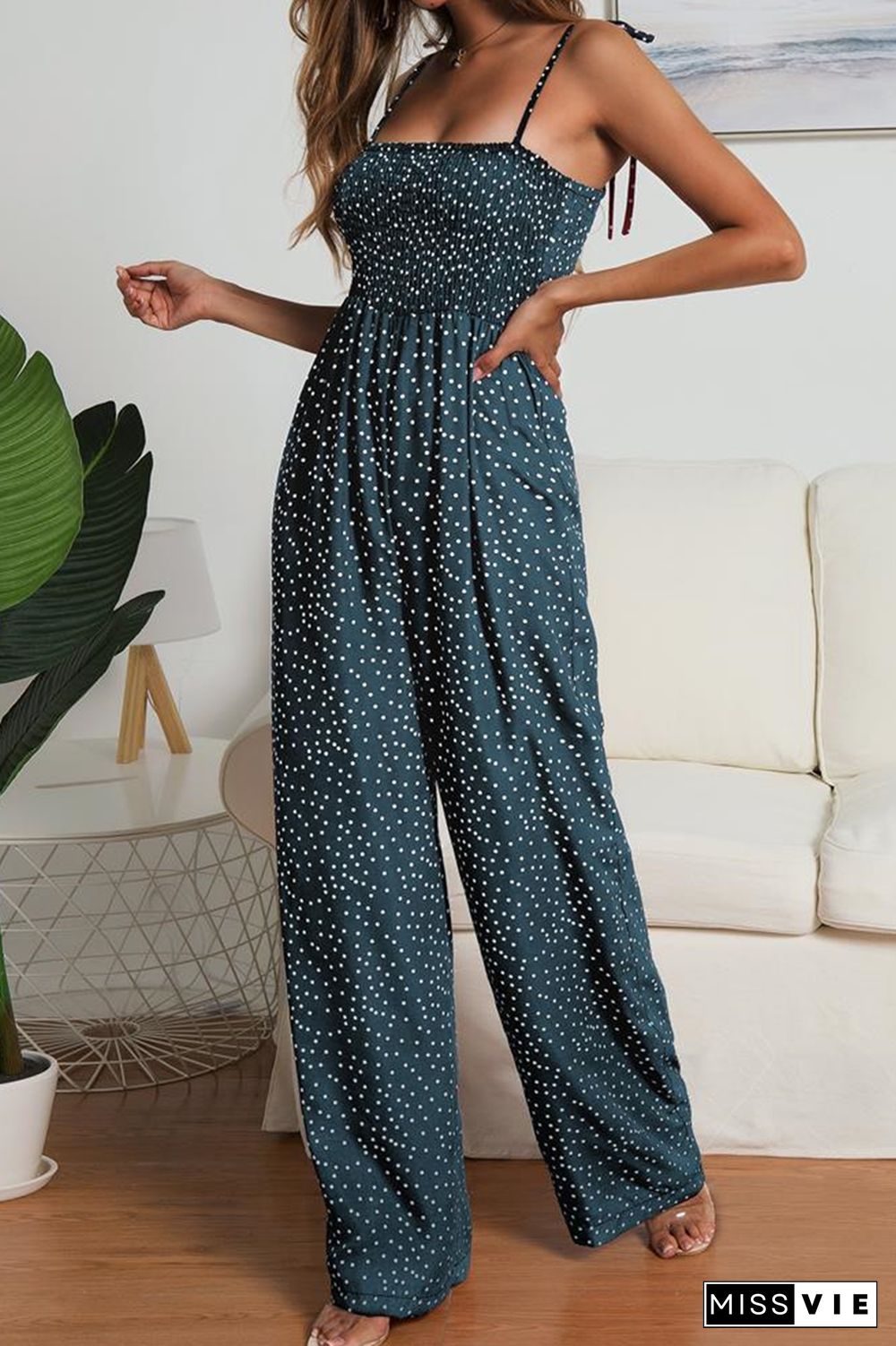 Casual Dot Strap Design Strapless Straight Jumpsuits