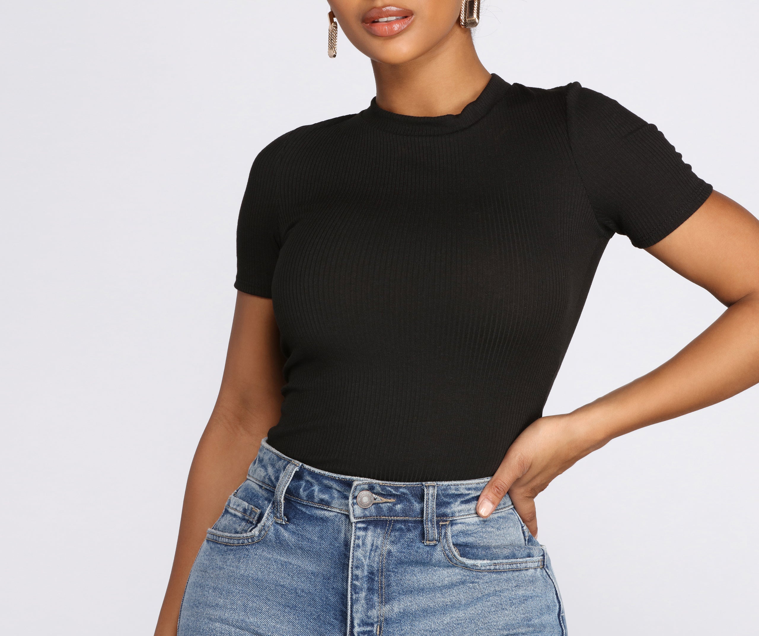 Ribbed Knit Basic Crew Neck Top