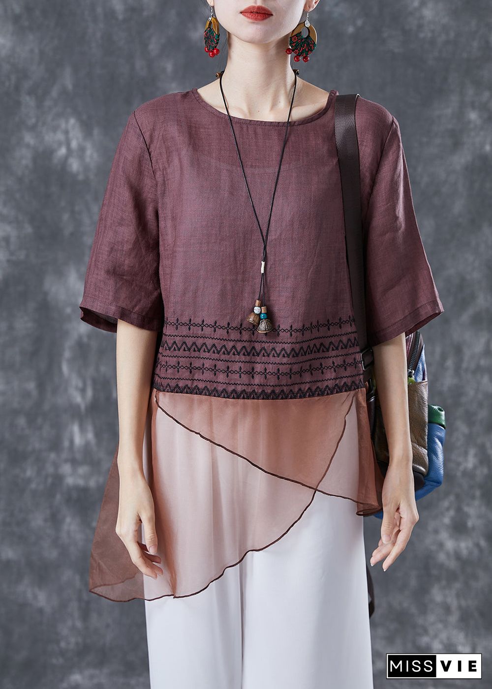 Brown Patchwork Linen Shirts Asymmetrical Embroideried Summer