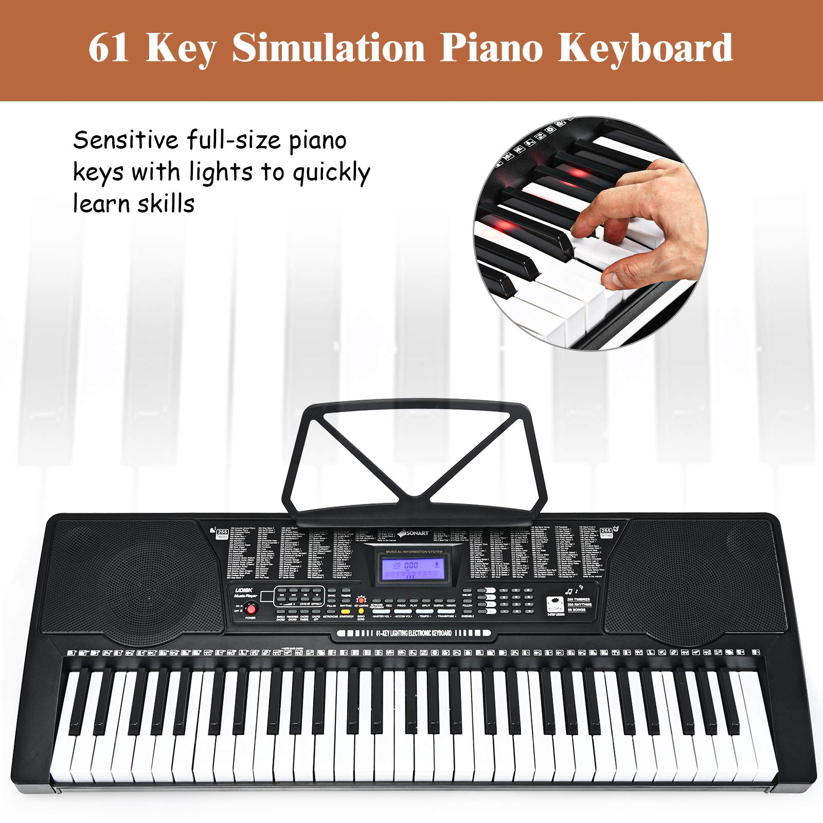 Costzon 61-Key Electronic Keyboard Piano w/Lighted Keys, Built-in Speakers, Recorder, 255 Timbres/Rhythms, 3 Teaching Modes (Black)