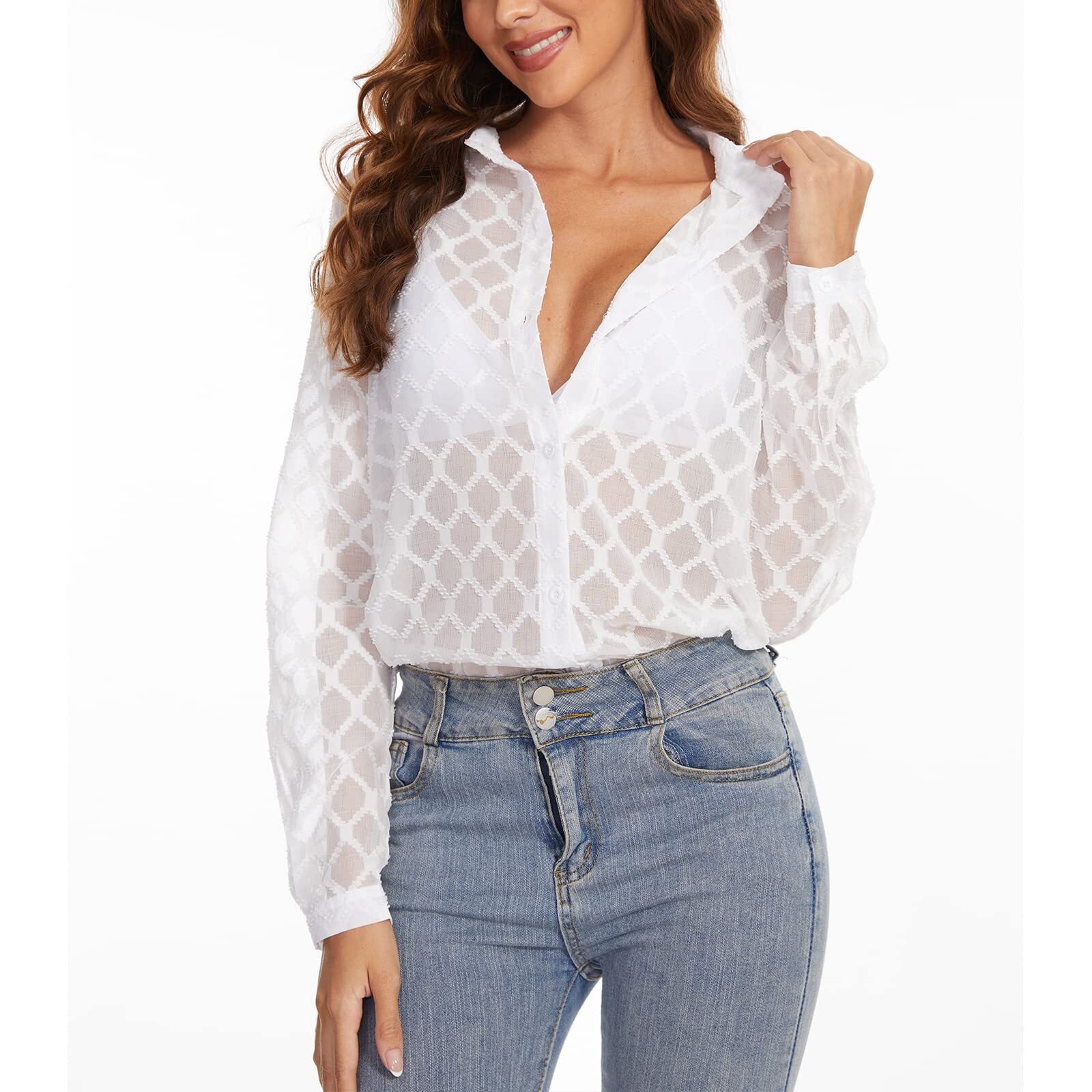 NeedBo Women's Button Down Long Sleeve V Neck Mesh Shirt See Through Sheer Blouse Tops， White L