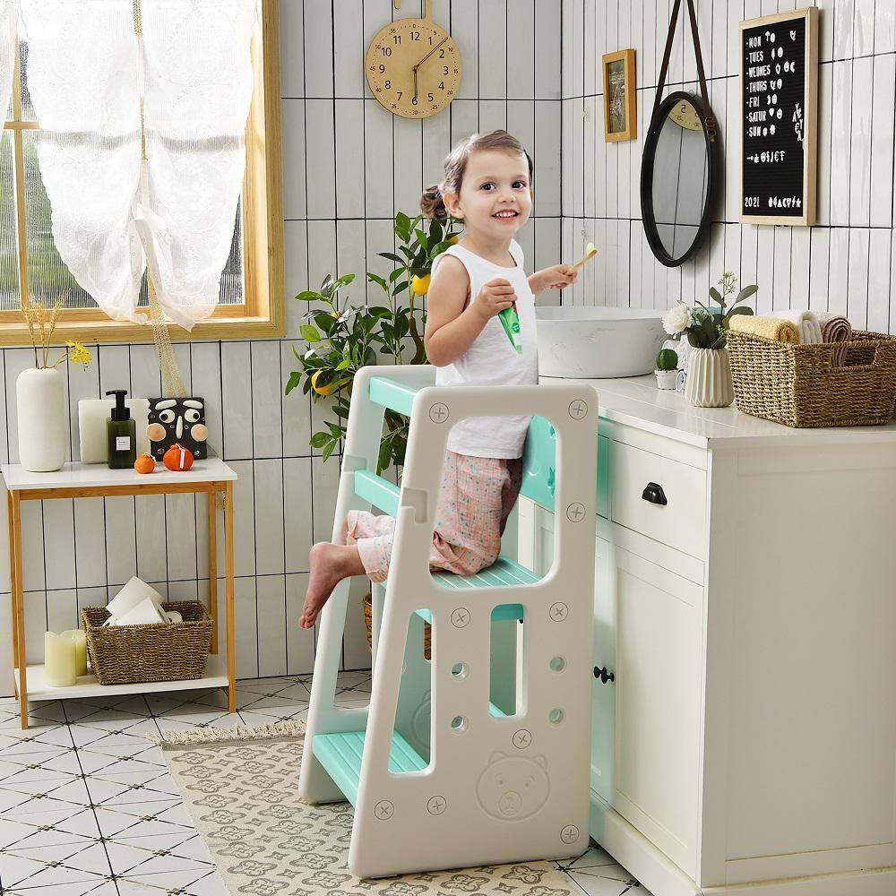 Costway Kids Kitchen Step Stool with Double Safety Rails Toddler Learning Stool Green HY10011GN