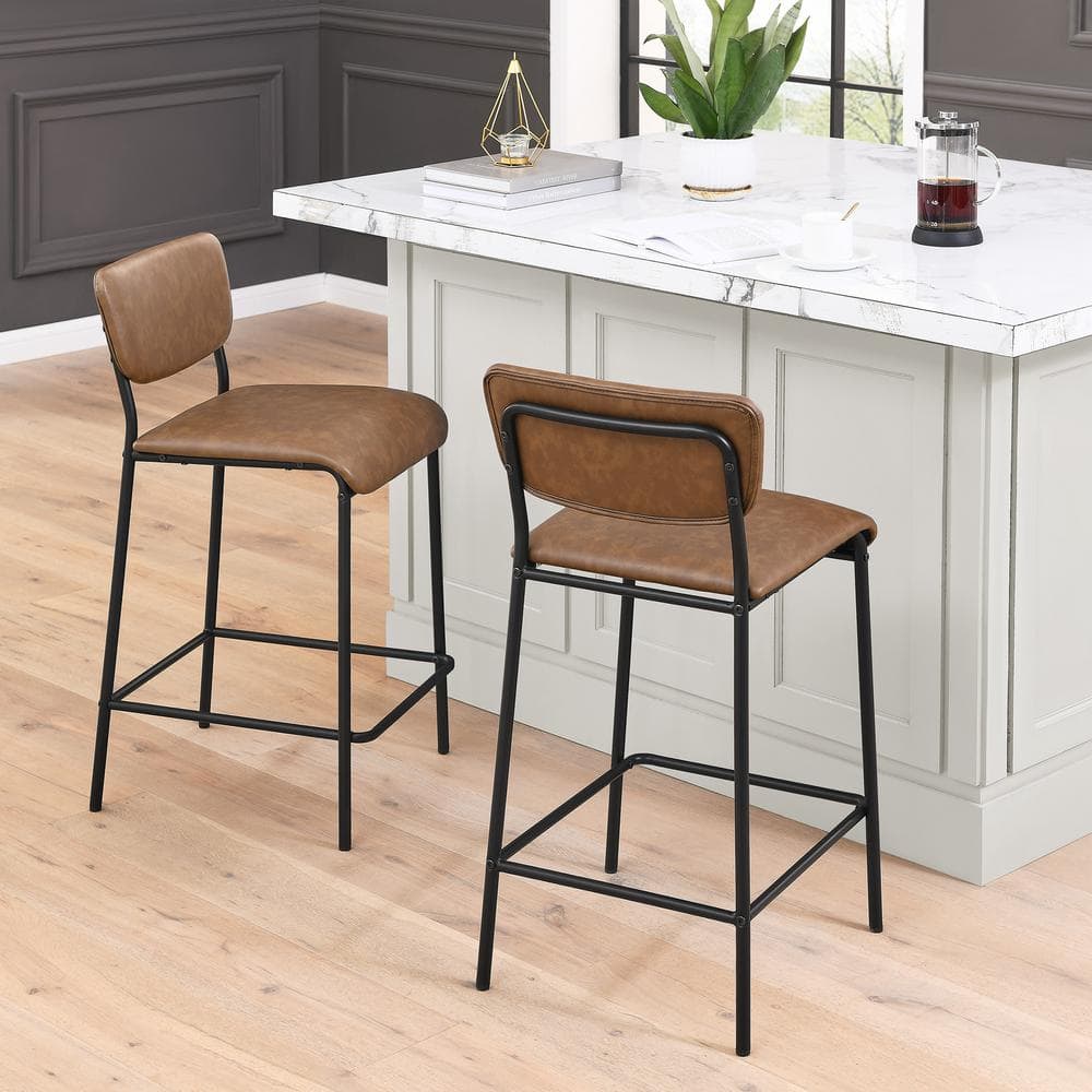 34.50 in. Brown Low Back Metal Bar Stools Dining Chair Counter Stools with Footrest and Faux Leather Seat (Set of 2) HY02010Y