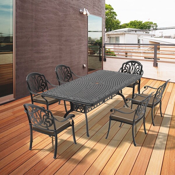 7/9Piece Cast Aluminum Outdoor Dining Set with 82.68'' L X 41.34'' W Rectangular Table and Random Color Seat Cushions