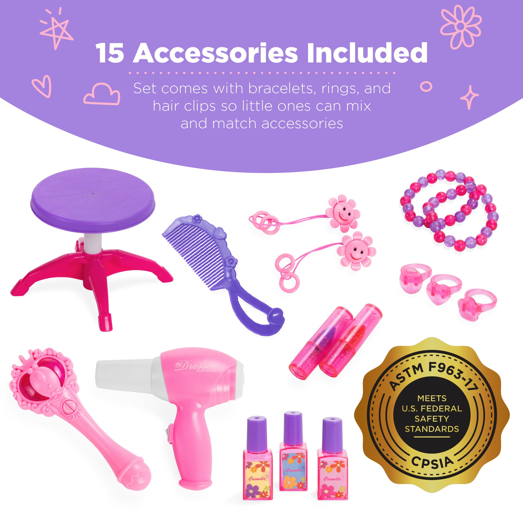 Best Choice Products Kids Vanity Mirror Set Girl Pretend Play Toy w/ Magic Wand Remote， Hairdryer， Stool and Accessories