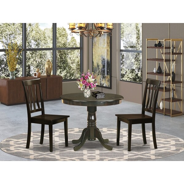 3-pieces Dining Set-Cappuccino Round Table Plus 2 Kitchen Chairs - Cappuccino Finish (Chairs Seat Options)