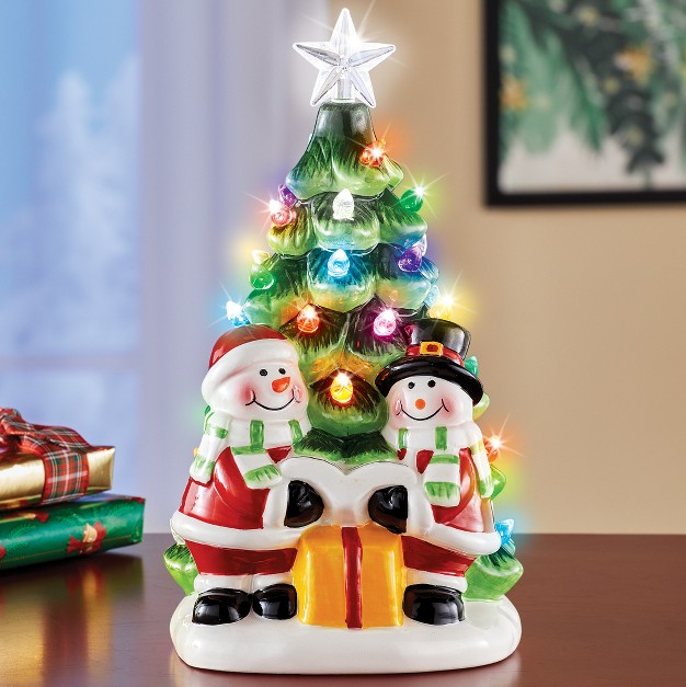 Collections Etc Led Lighted Ceramic Snowmen And Christmas Tree Decoration