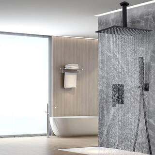 Zalerock Rainfall 1-Spray Square Ceiling Mount Shower System Shower Head with Handheld in Black (Valve Included) KSA033