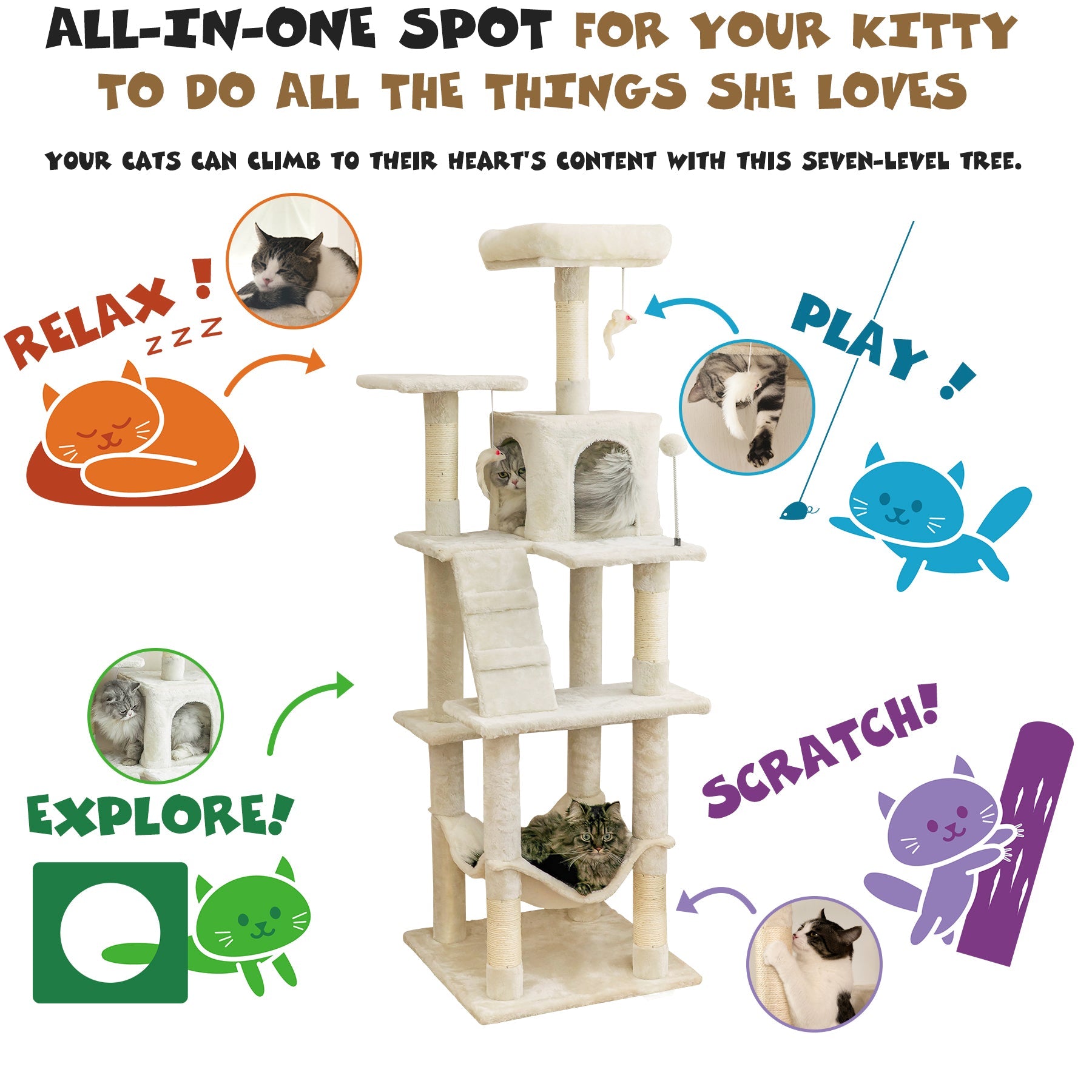 MWPO 63.8" Multi-Level Cat Tree with Condo and Scratching Post Tower, Beige