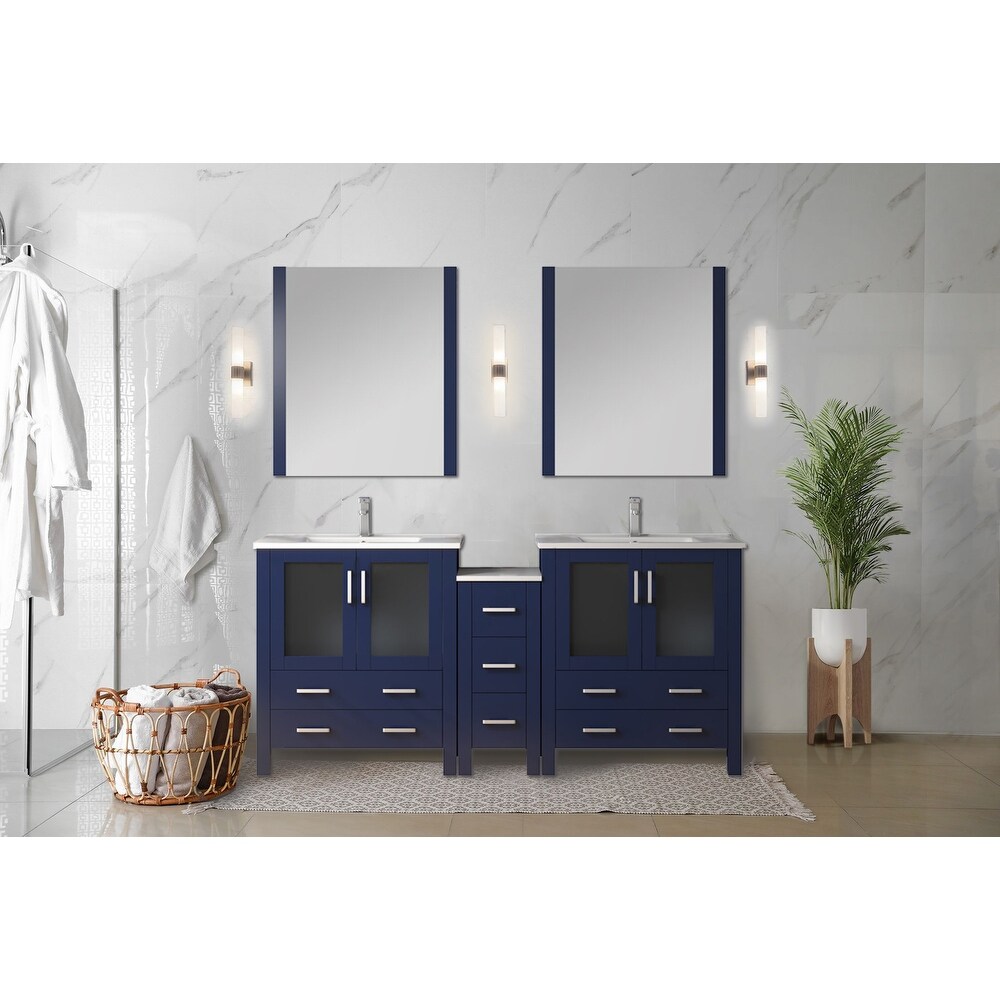 Lexora Volez 72 Inch Bathroom Vanity Cabinet in Navy Blue with Top and Mirror