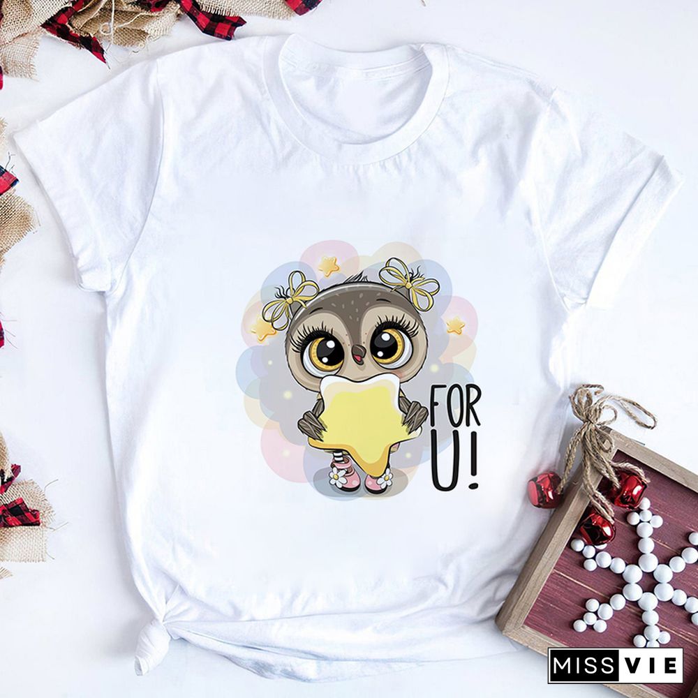 Gothic Women Cute Owl Printed T-Shirt All Seasons Fashion Thin Short Sleeve Tees Harajuku Casual Pink Top Female Clothing Tshirt