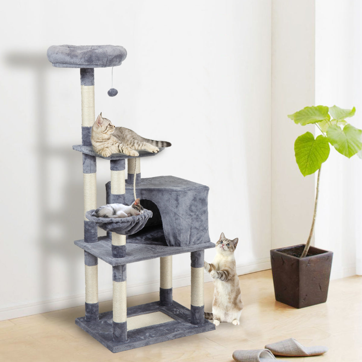 Animal Health Trees Condos Pet Supplies Multi-Level Cat Condo with pentagonal cat litter for Kittens Tall Cat Climbing Stand with Plush Toys - light gray