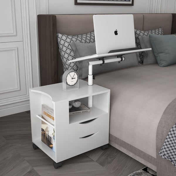 Height Adjustable Overbed End Table Wooden Nightstand with Swivel Top Storage Drawers Wheels and Open Shelf