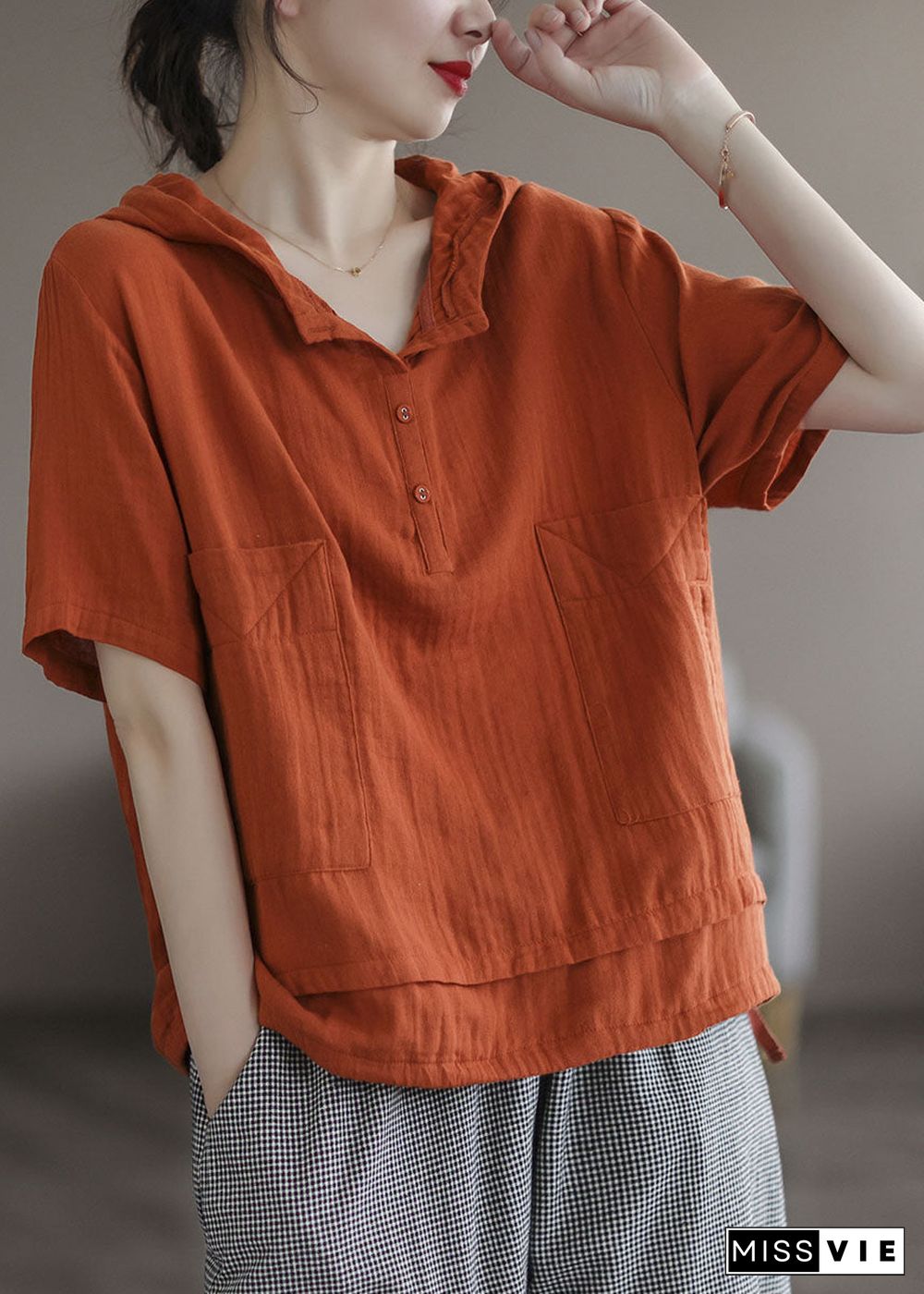 Orange Patchwork Cotton Sweatshirts Tracksuits Hooded Short Sleeve