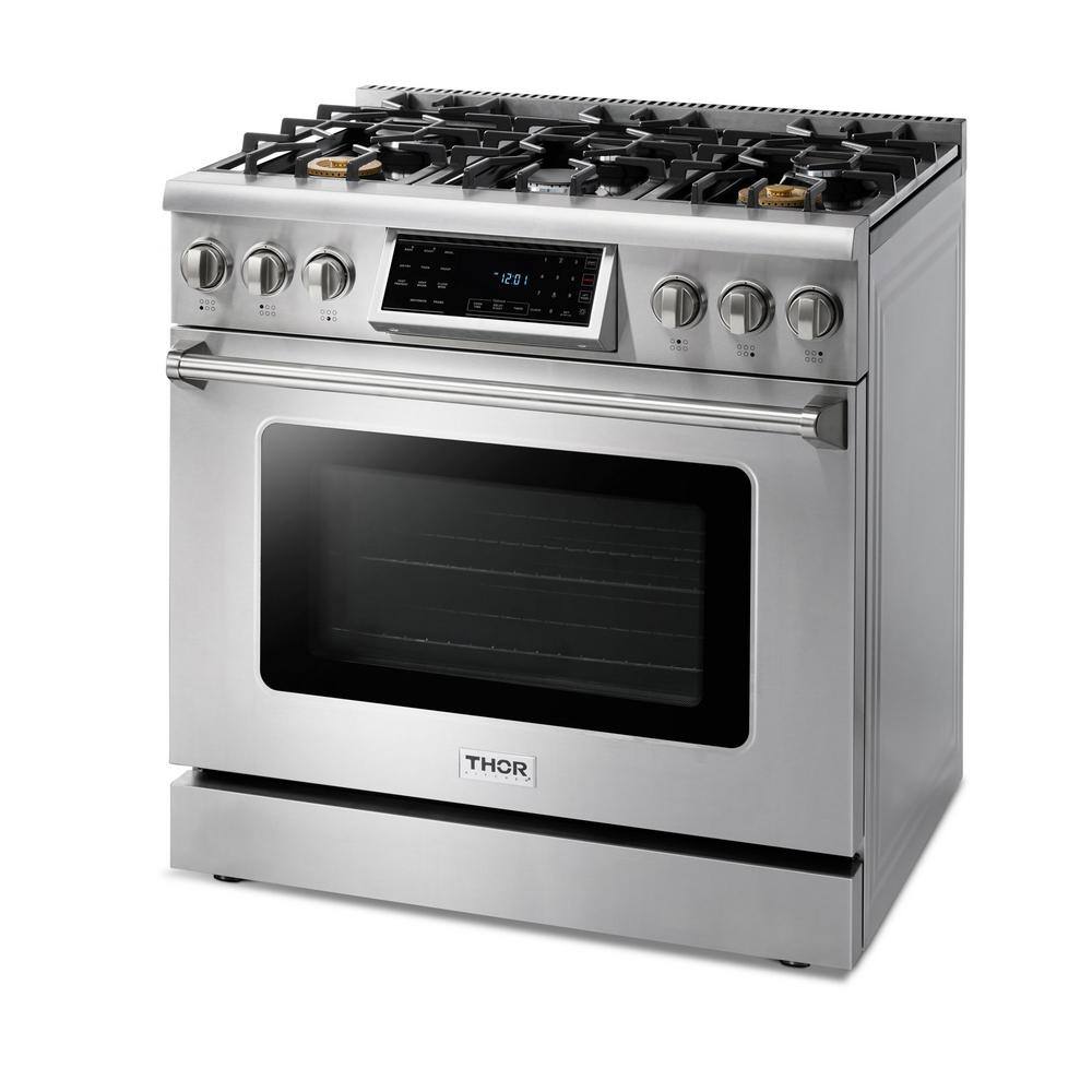 Thor Kitchen Tilt Panel 36-in 6 Burners Freestanding Gas Range with self-cleaning and air fry convection oven in. Stainless Steel TRG3601