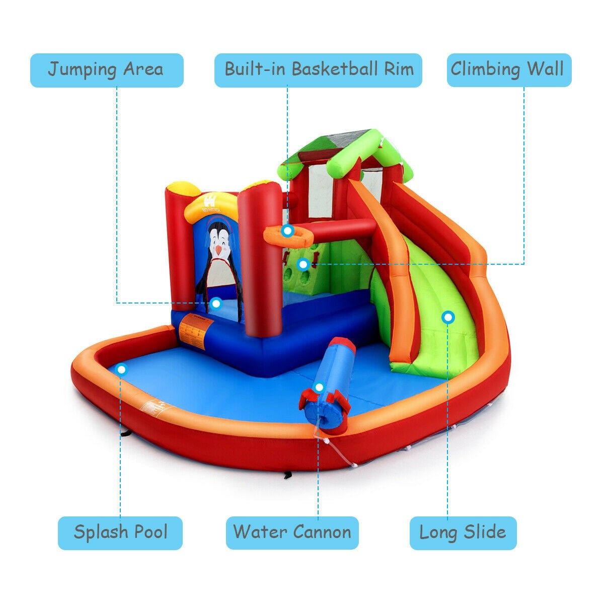 6 in 1 Jumping Bounce House w/ Climbing Wall & Water Slide for Outdoor Backyard