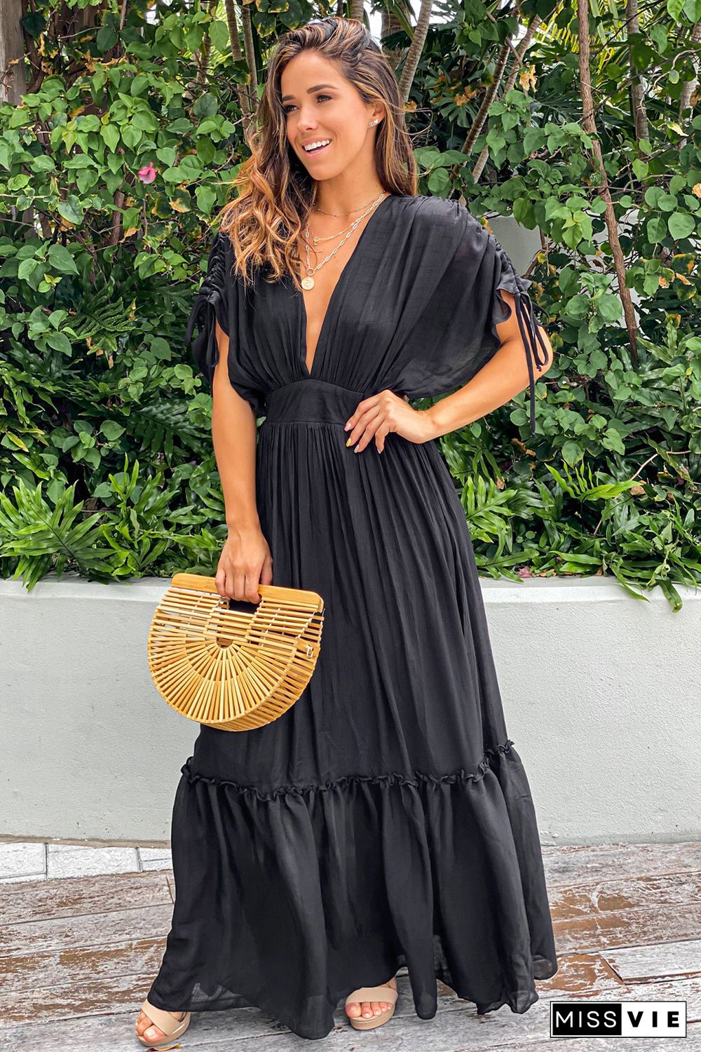 Black Drawstring Pleated Kimono Sleeve Ruffle Maxi Dress