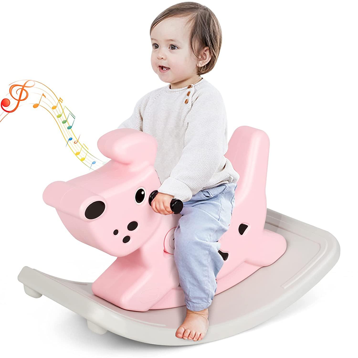 BABY JOY Kids Rocking Horse,Ride-on Horse for Toddlers with Music & Lights (Pink)