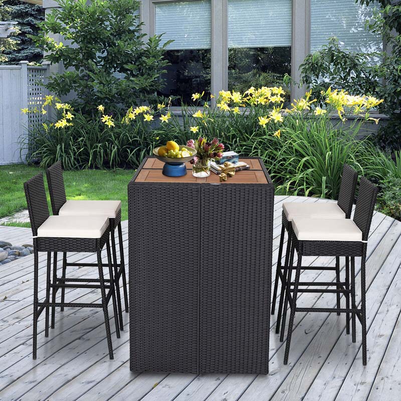 5 Pcs Rattan Patio Bar Set Dining Table Set Counter Height Bistro Set with Acacia Wood Tabletop & 4 Bar Stools