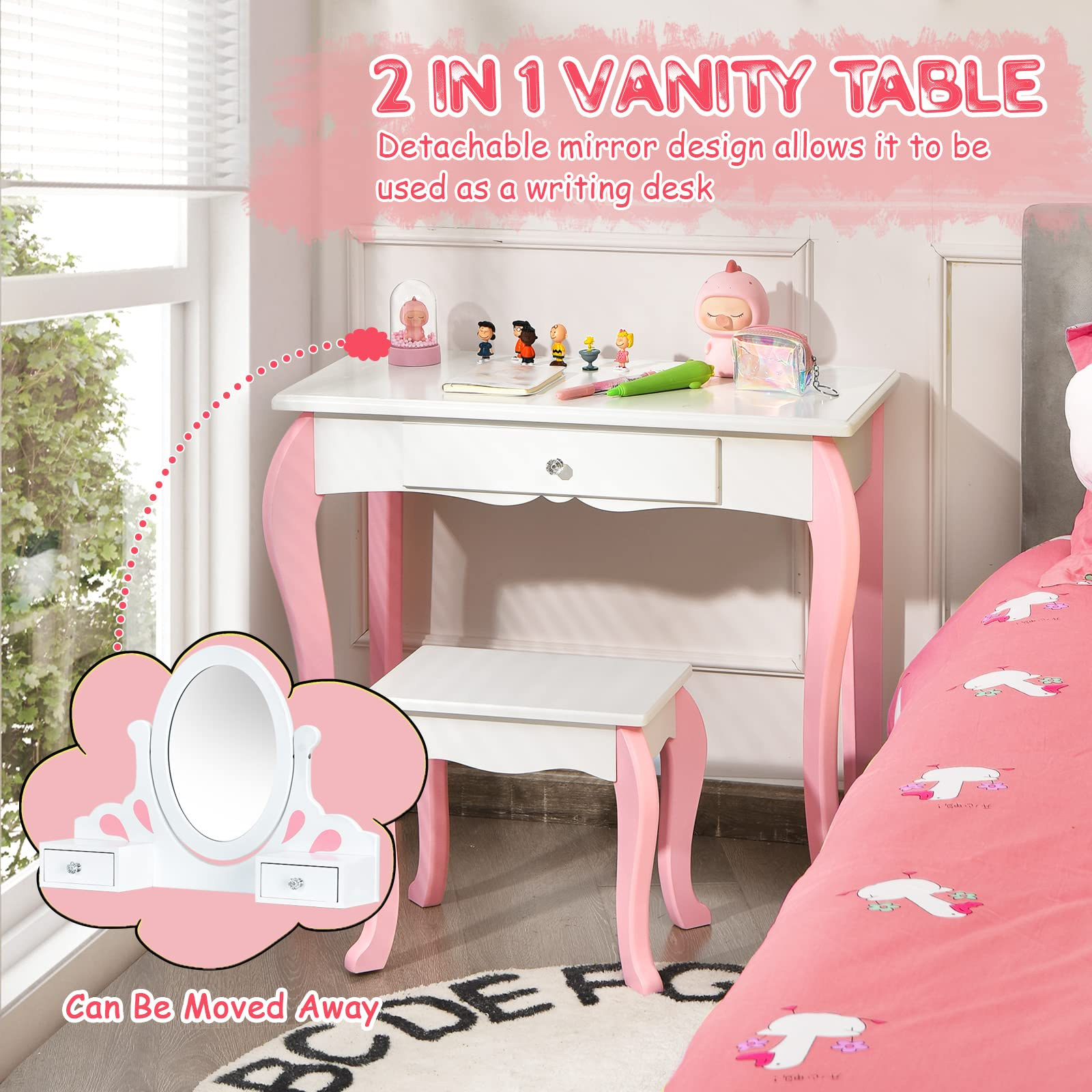 Costzon Kids Vanity Set with Mirror, 2 in 1 Princess Makeup Dressing Table w/ Detachable Top