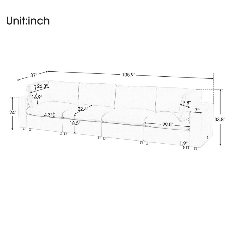 Modular Upholstered Sectional Sofa with USB Charge Ports  Wireless Charging   Built In Bluetooth Speaker in Arm for Living Room