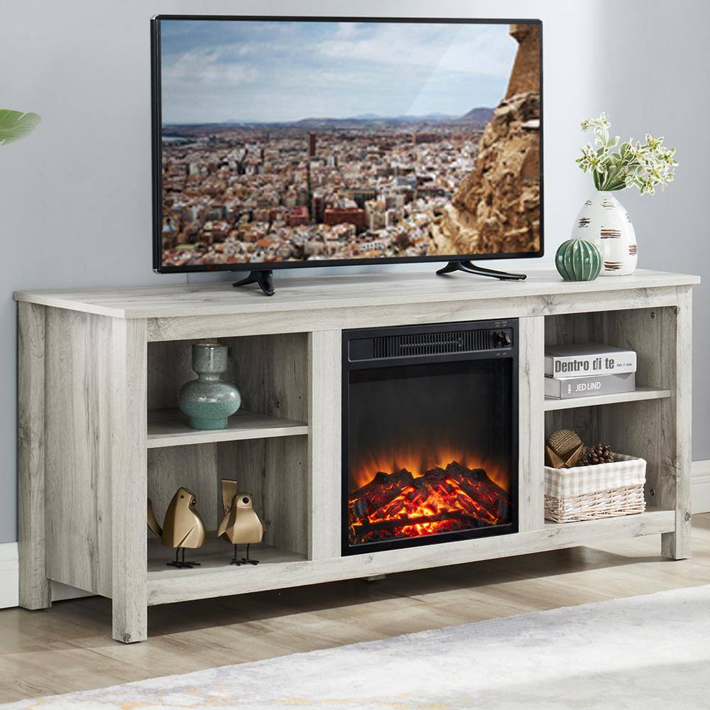 58 in. Gray Wood Electric Fireplace TV Stand with Open Storage Shelves Fits TV's up to 65 in. with Cable Management STVStand2022-5